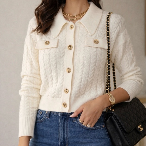 Elie Tahari Sweaters - NWT Elie Tahari Cream Cable Knit Jacket Cardigan size M Gold Crest Buttons
